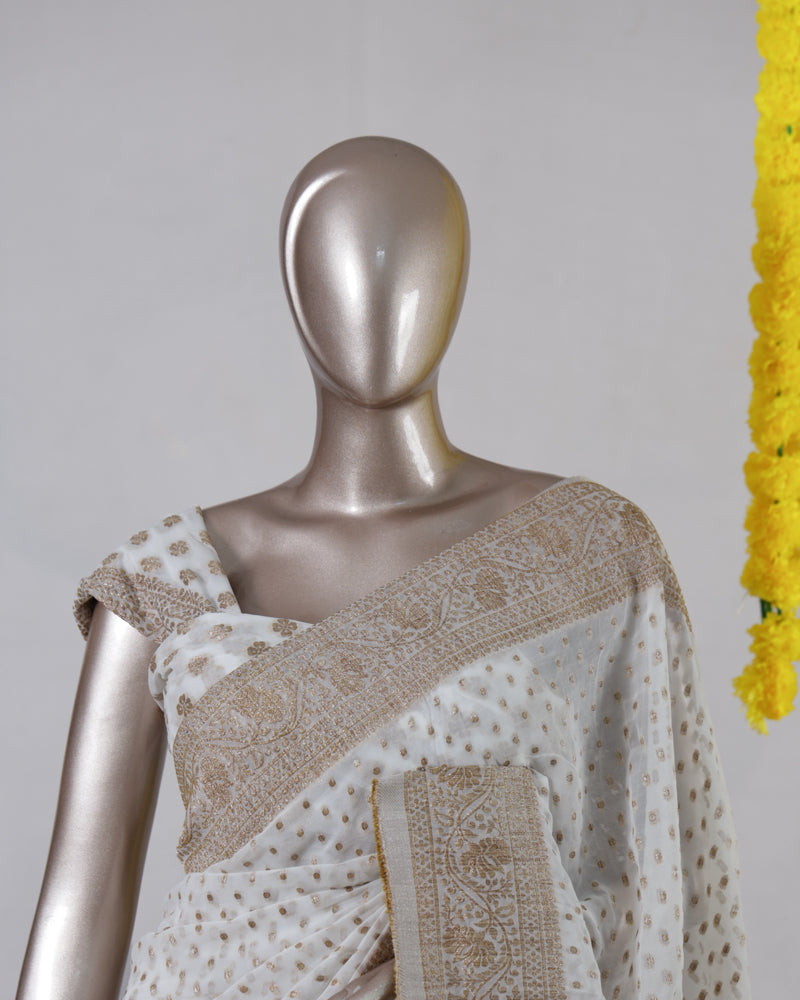 White Georgette Banarasi Onam Saree