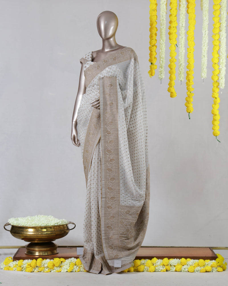 White Georgette Banarasi Onam Saree