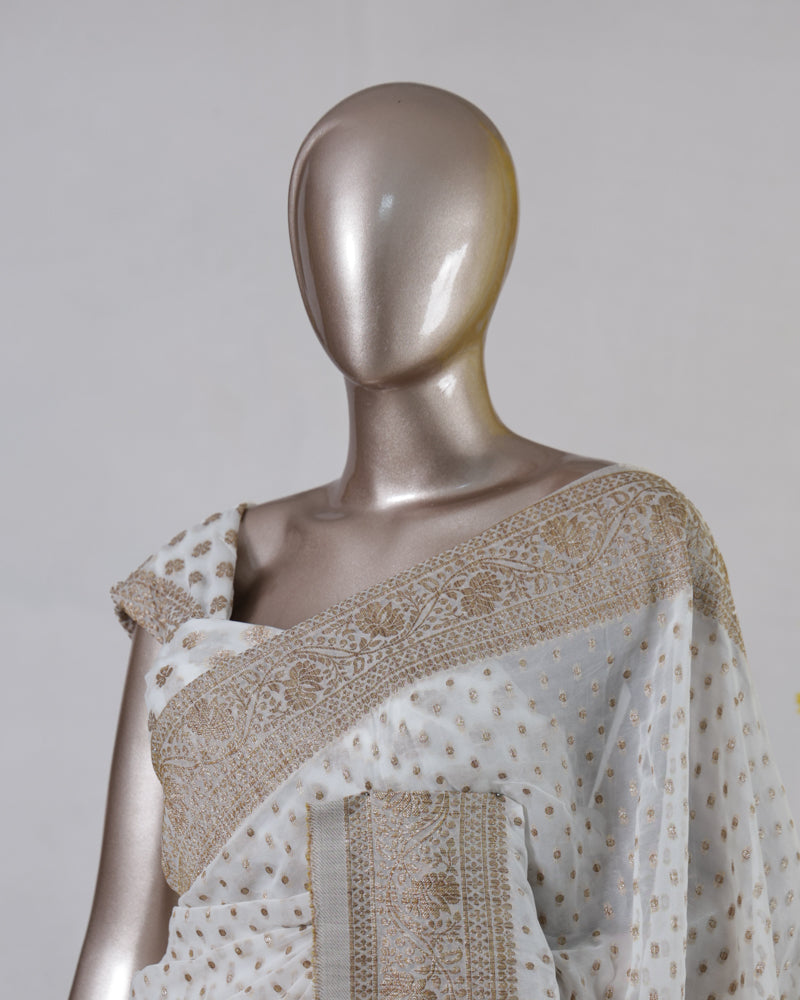 White Georgette Banarasi Onam Saree