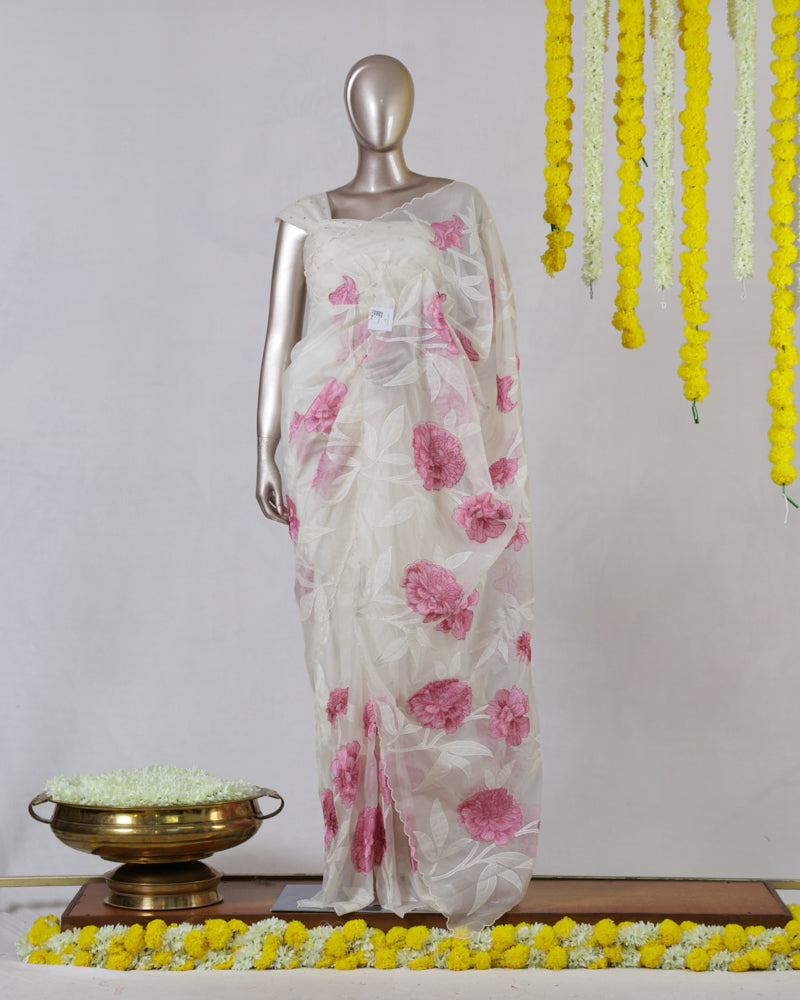 Ivory Organza Appliqué Onam Saree