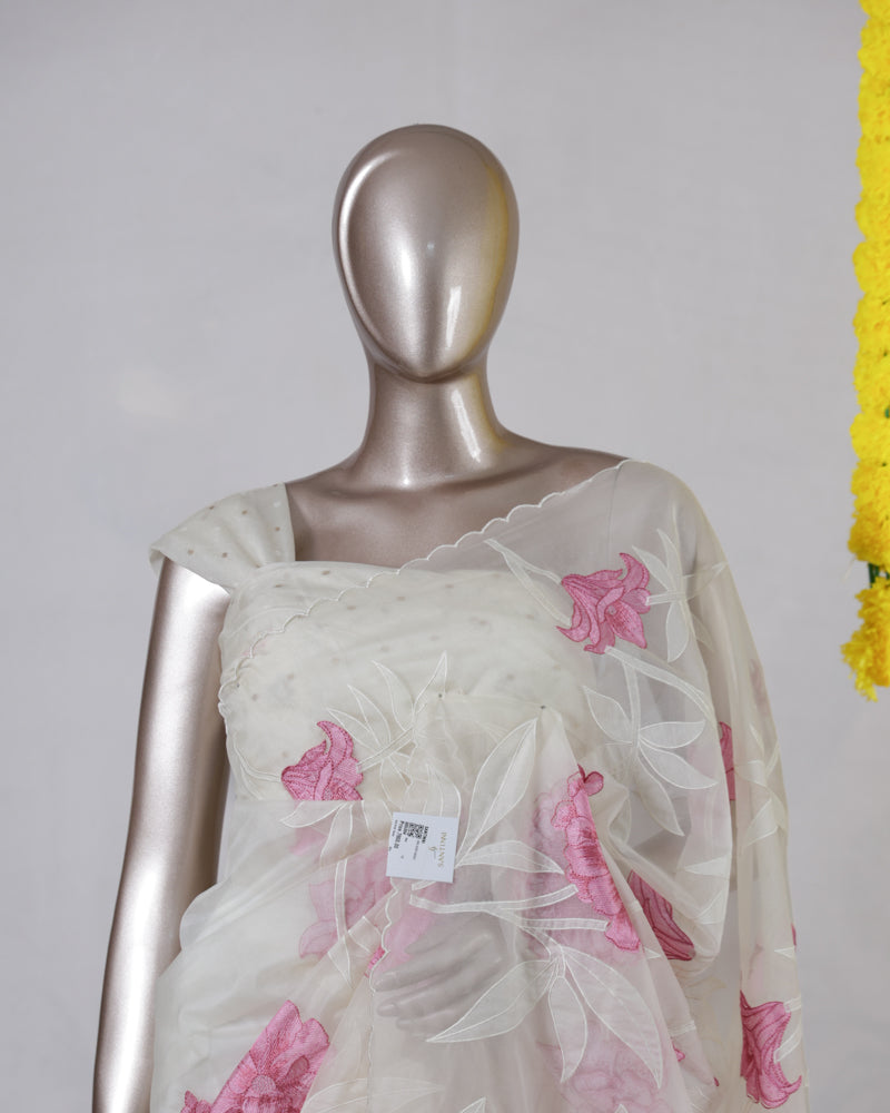 Ivory Organza Appliqué Onam Saree