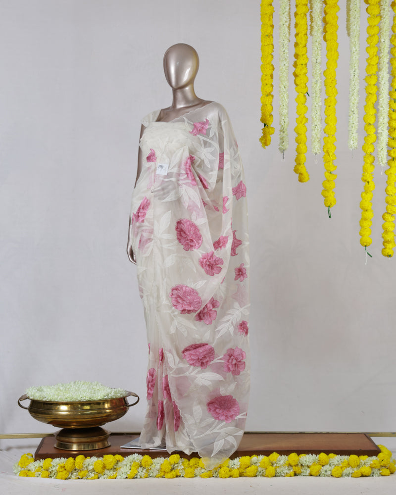 Ivory Organza Appliqué Onam Saree