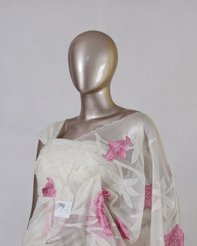 Ivory Organza Appliqué Onam Saree