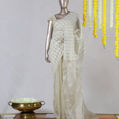 Off White Striped Embroidered Onam Saree