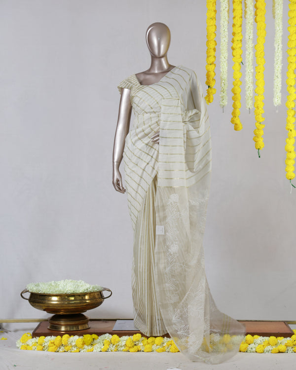 Off White Striped Embroidered Onam Saree
