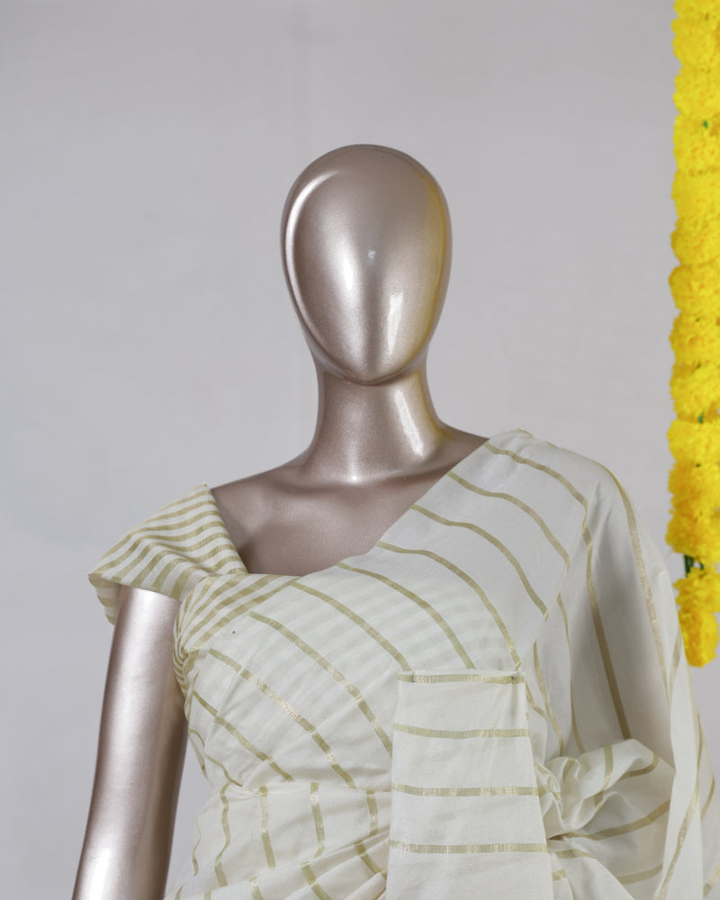 Off White Striped Embroidered Onam Saree