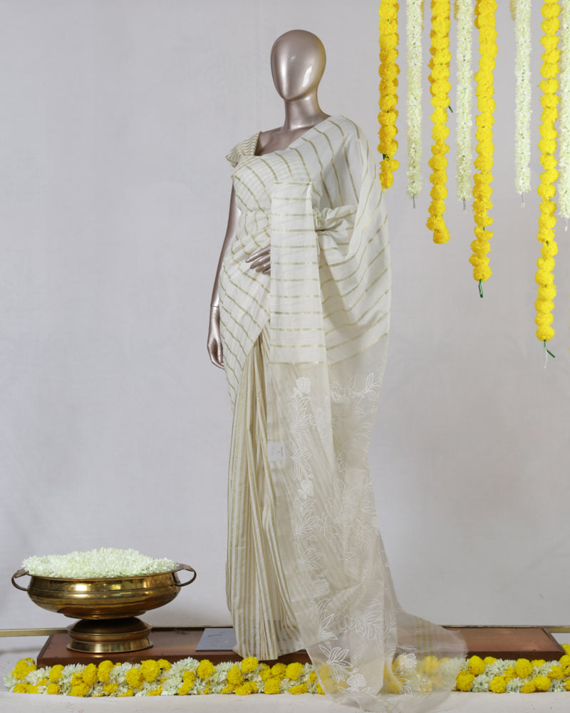 Off White Striped Embroidered Onam Saree