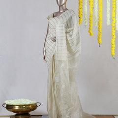 Off White Striped Embroidered Onam Saree