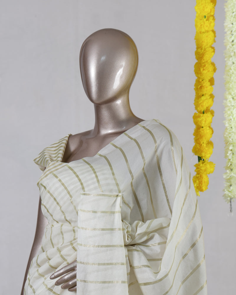 Off White Striped Embroidered Onam Saree