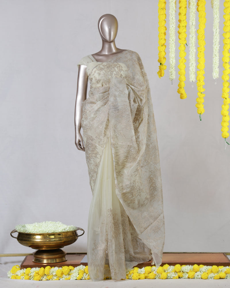 Ivory Semi Turkish Organza Onam Saree