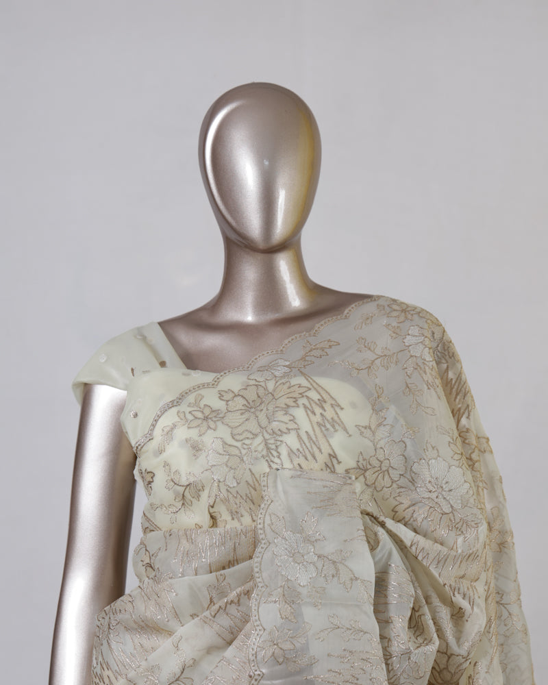 Ivory Semi Turkish Organza Onam Saree