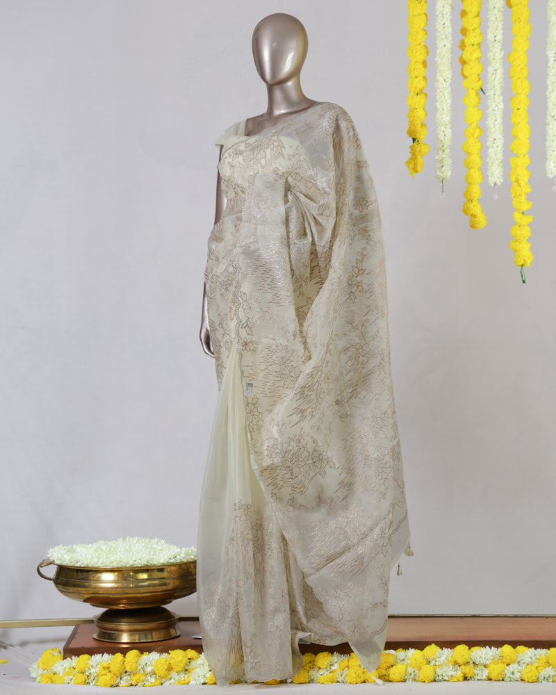 Ivory Semi Turkish Organza Onam Saree