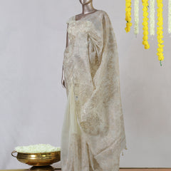 Ivory Semi Turkish Organza Onam Saree