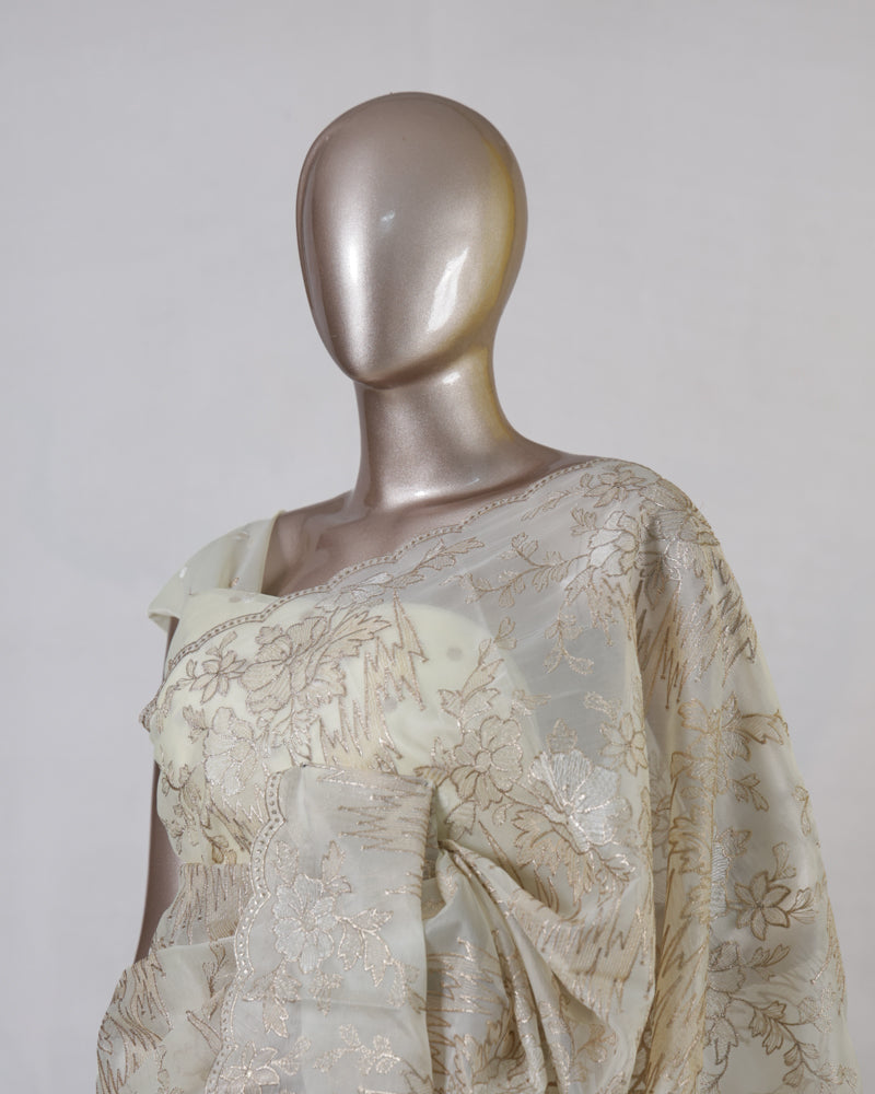 Ivory Semi Turkish Organza Onam Saree
