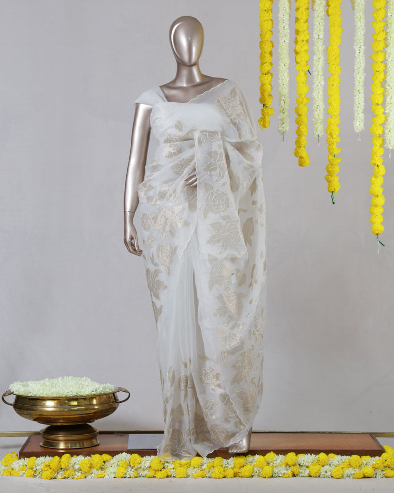 Ivory Organza Golden Appliqué Onam Saree