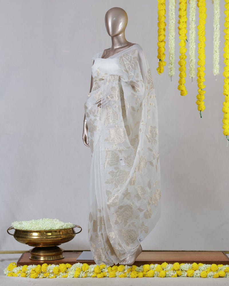 Ivory Organza Golden Appliqué Onam Saree