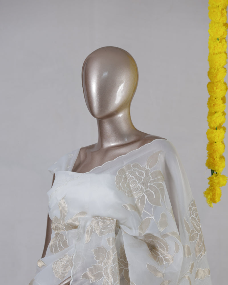Ivory Organza Golden Appliqué Onam Saree