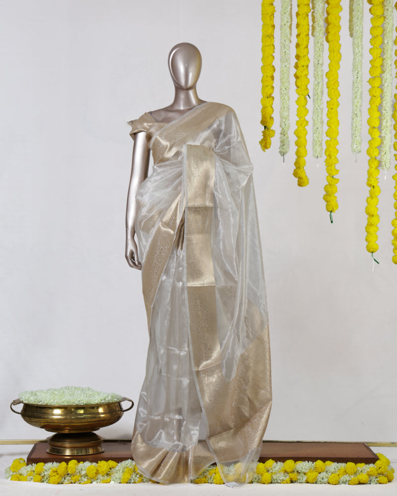 Ivory Tissue Organza Golden Border Onam Saree