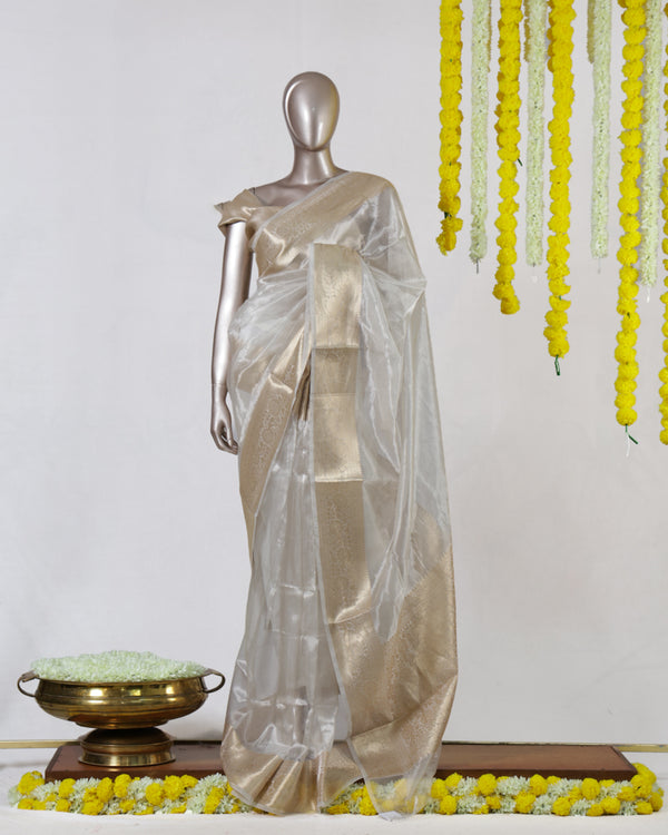 Ivory Tissue Organza Golden Border Onam Saree