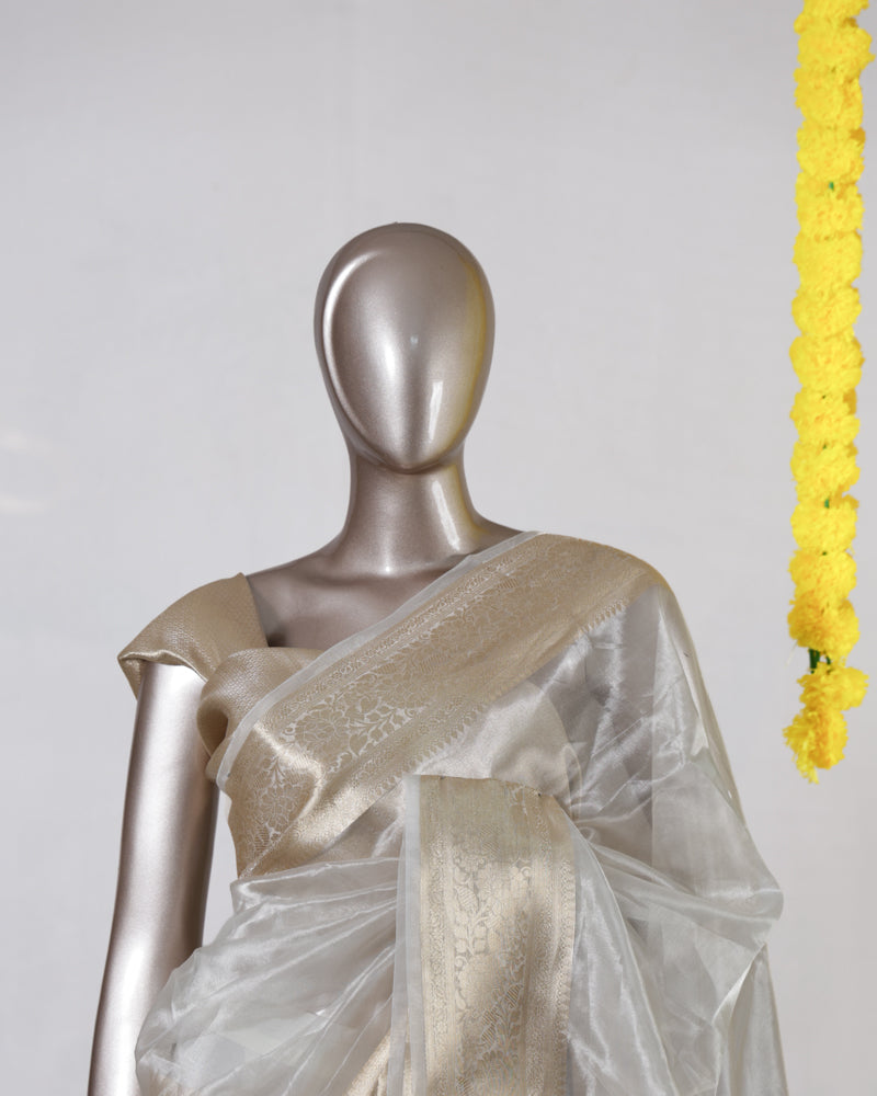 Ivory Tissue Organza Golden Border Onam Saree