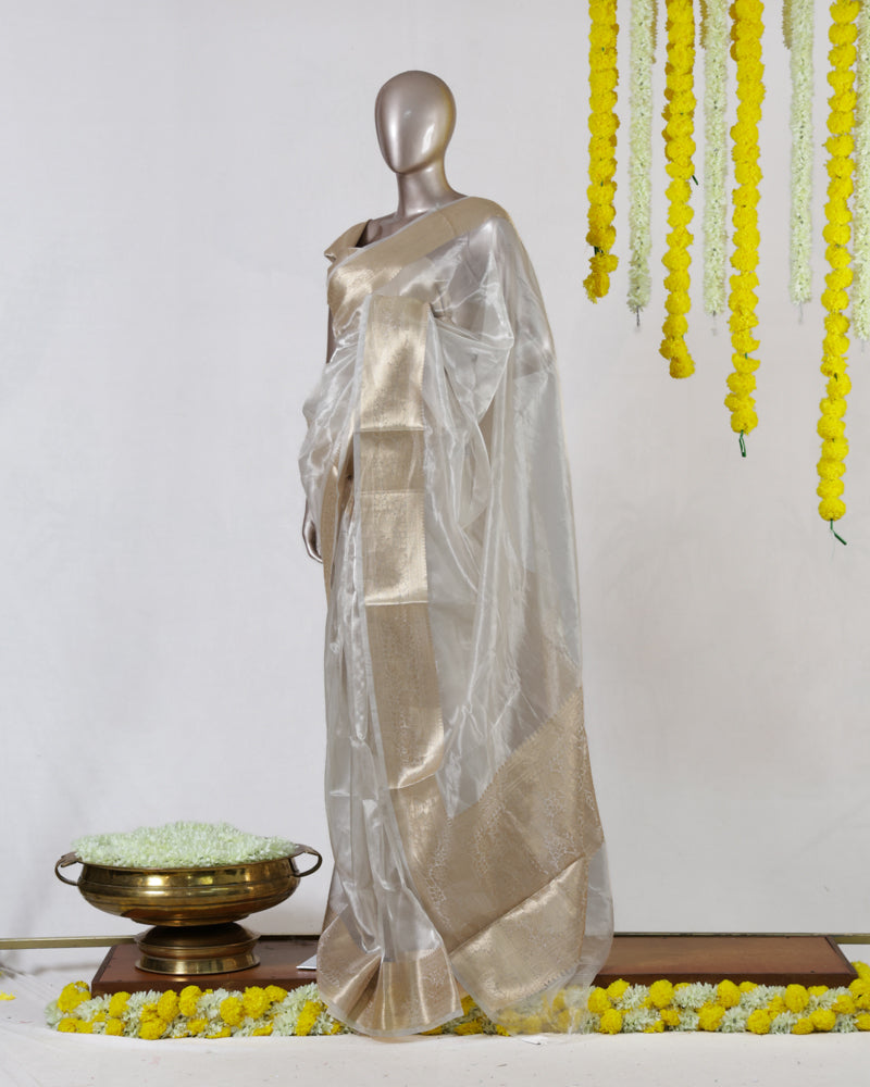Ivory Tissue Organza Golden Border Onam Saree