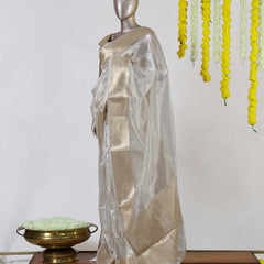 Ivory Tissue Organza Golden Border Onam Saree