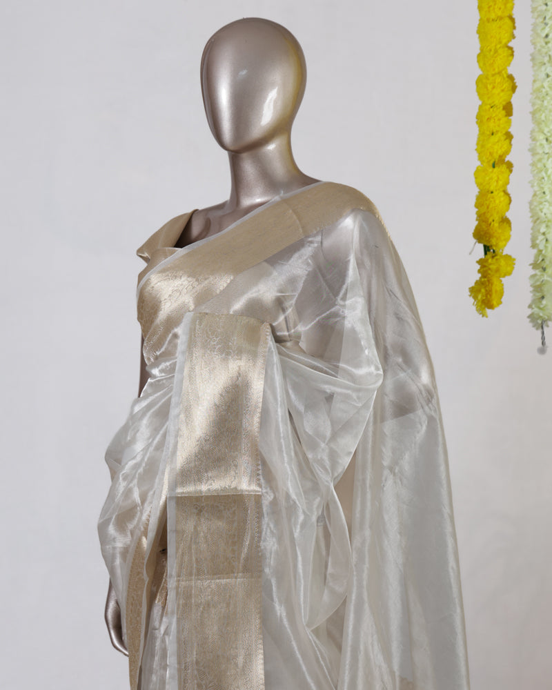 Ivory Tissue Organza Golden Border Onam Saree