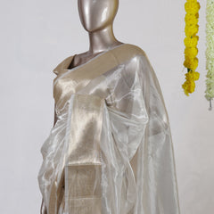 Ivory Tissue Organza Golden Border Onam Saree