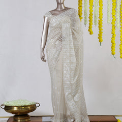 Ivory Organza Embroidered Onam Saree