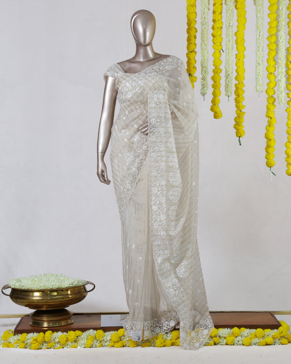 Ivory Organza Embroidered Onam Saree