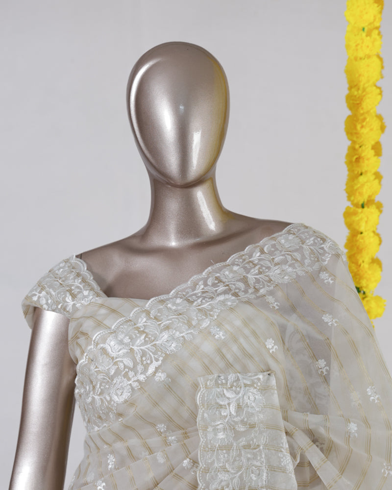 Ivory Organza Embroidered Onam Saree