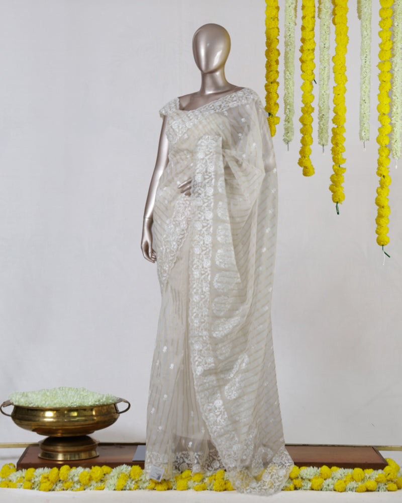 Ivory Organza Embroidered Onam Saree