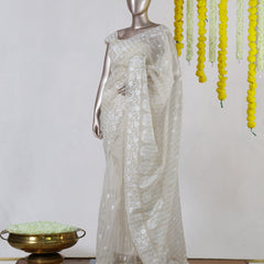 Ivory Organza Embroidered Onam Saree