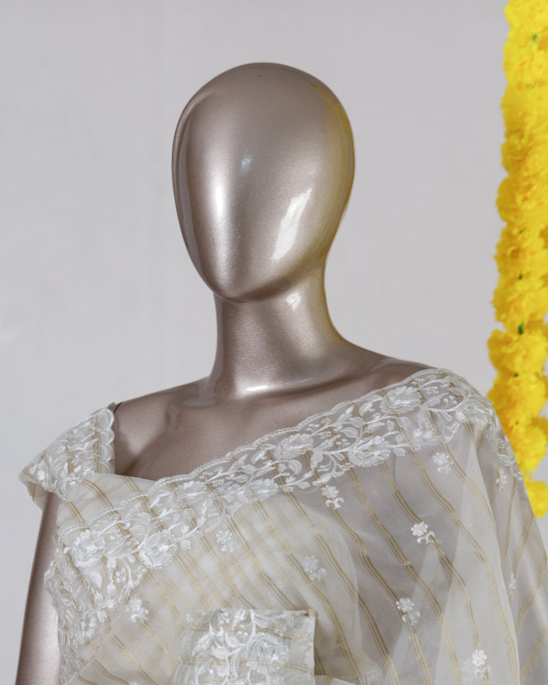 Ivory Organza Embroidered Onam Saree
