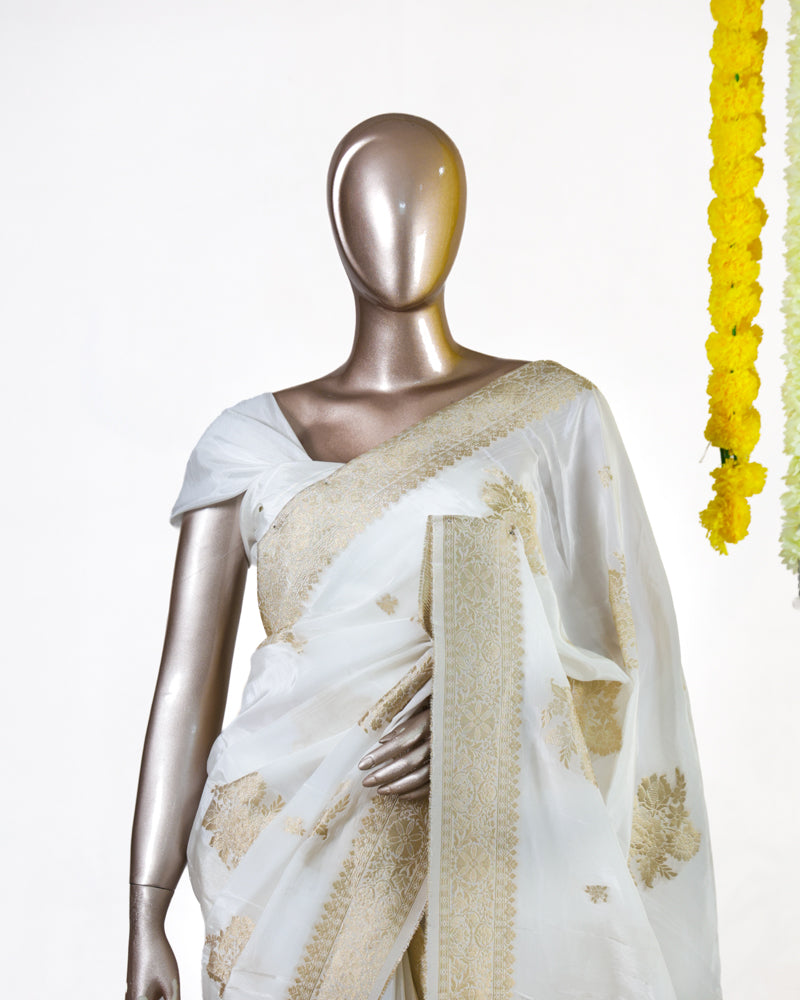 Pearl Ivory Gold Butta Banarasi Saree