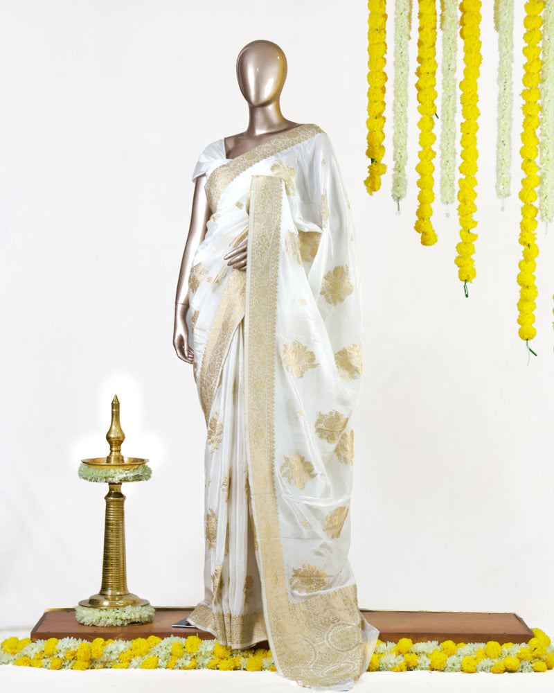 Pearl Ivory Gold Butta Banarasi Saree