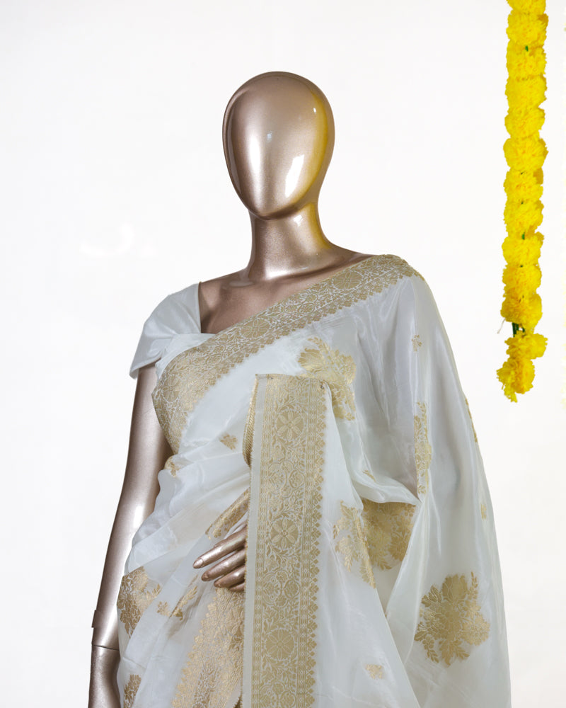 Pearl Ivory Gold Butta Banarasi Saree