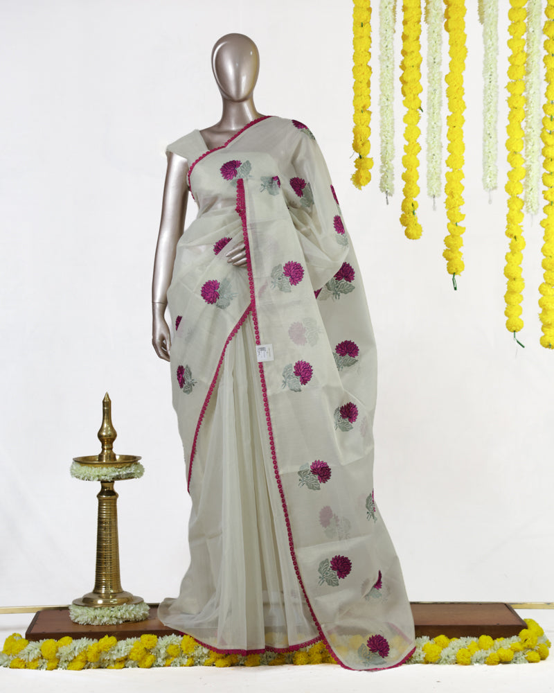 Magenta Chrysanthemum Tissue Organza Saree