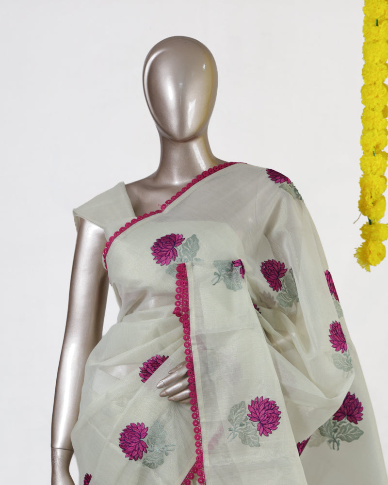 Magenta Chrysanthemum Tissue Organza Saree
