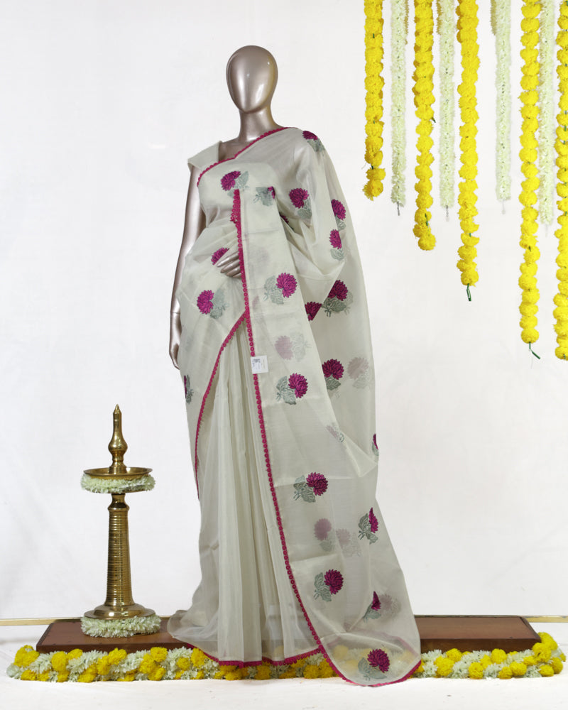 Magenta Chrysanthemum Tissue Organza Saree