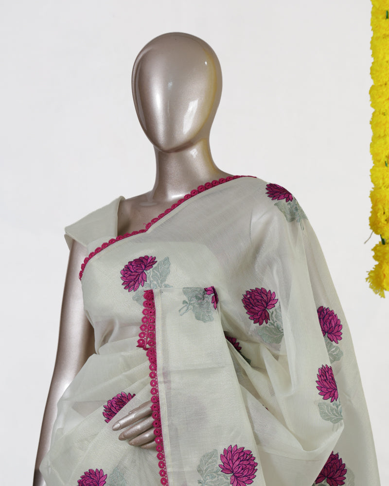 Magenta Chrysanthemum Tissue Organza Saree