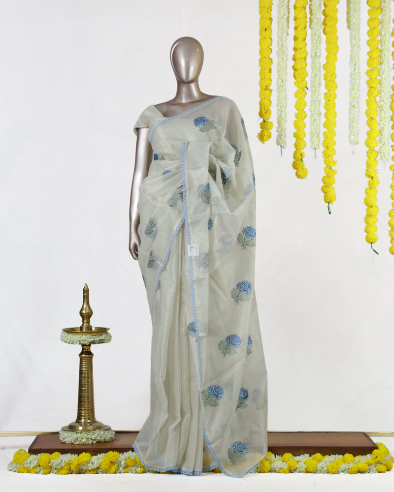 Powder Blue Blossom Tissue Organza Saree