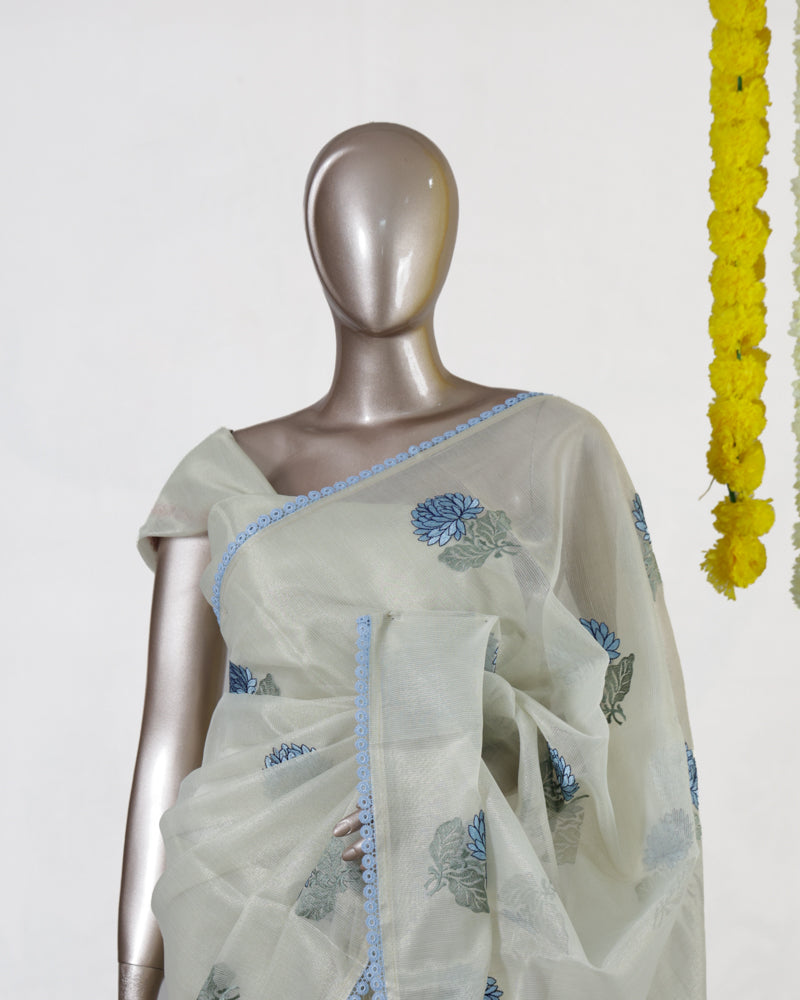 Powder Blue Blossom Tissue Organza Saree