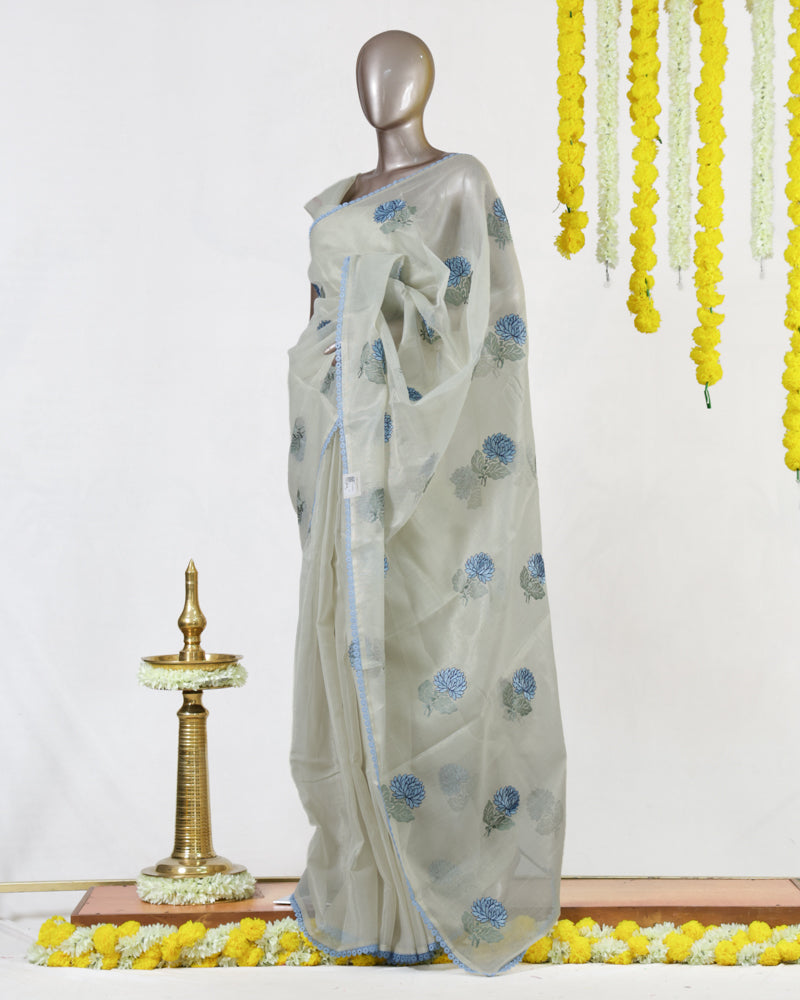 Powder Blue Blossom Tissue Organza Saree