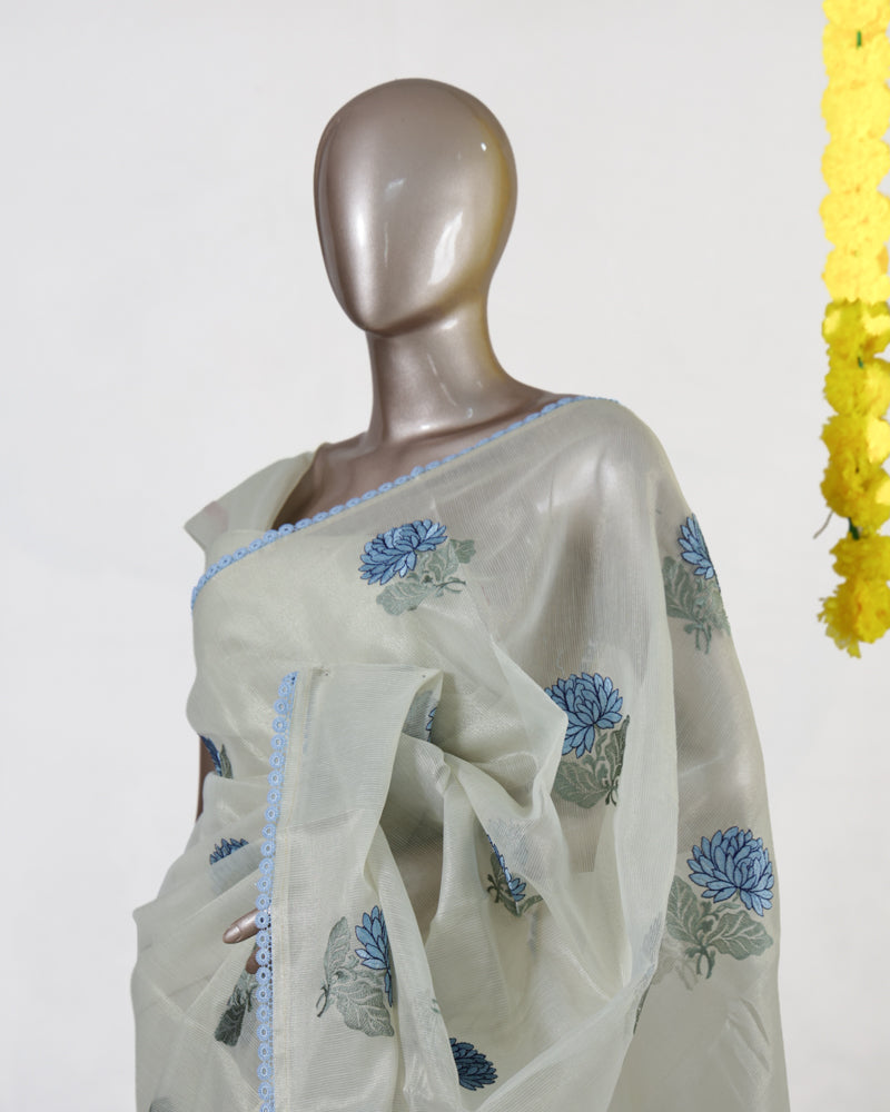 Powder Blue Blossom Tissue Organza Saree