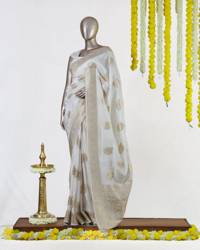 Ivory Crepe Silk Banarasi Onam Saree