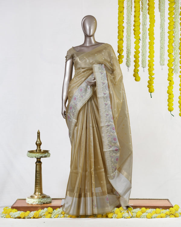 Golden Tissue Floral Border Onam Saree