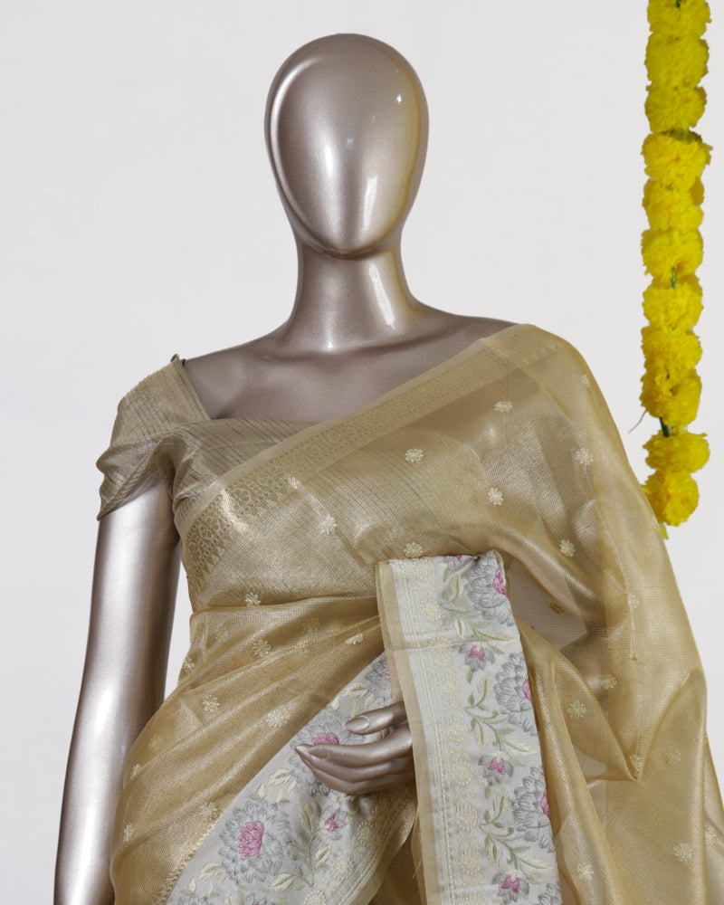 Golden Tissue Floral Border Onam Saree
