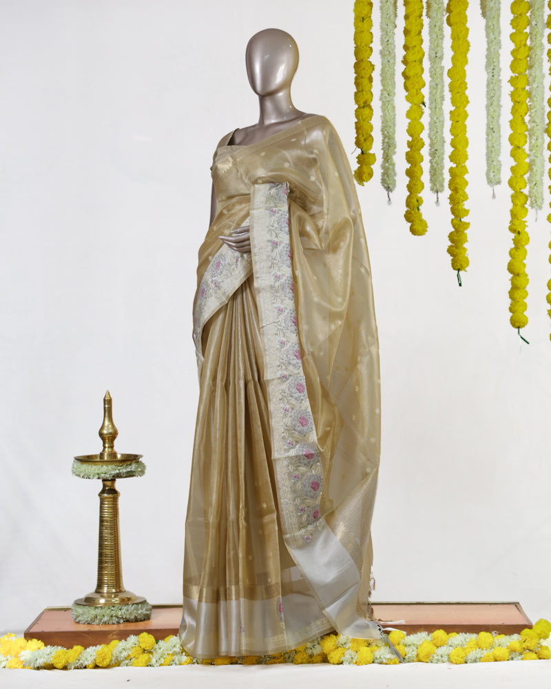 Golden Tissue Floral Border Onam Saree