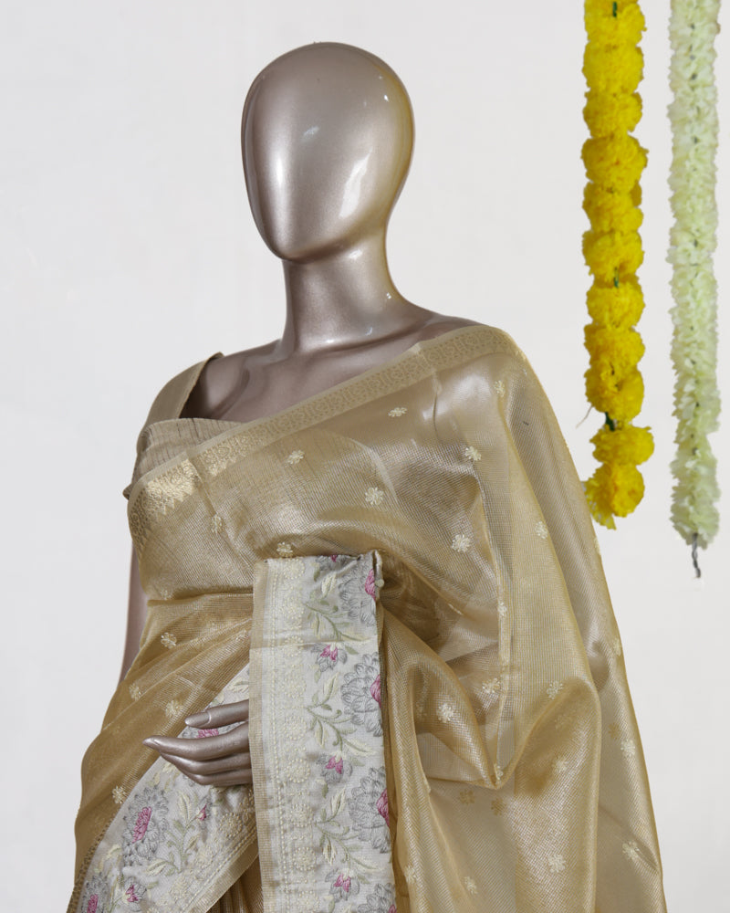 Golden Tissue Floral Border Onam Saree